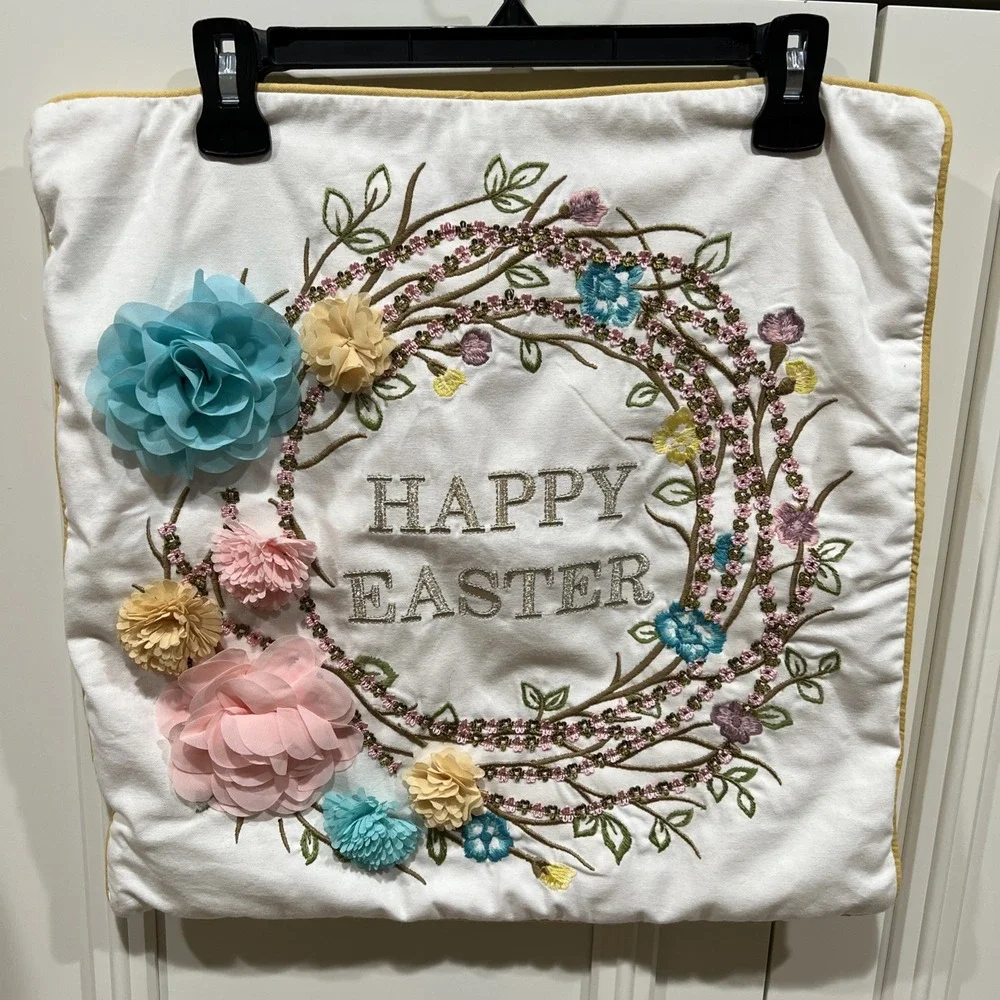 Pier 1 Happy Easter Pillow Case Set Of Two Embroidered Square Cottagecore Flower
